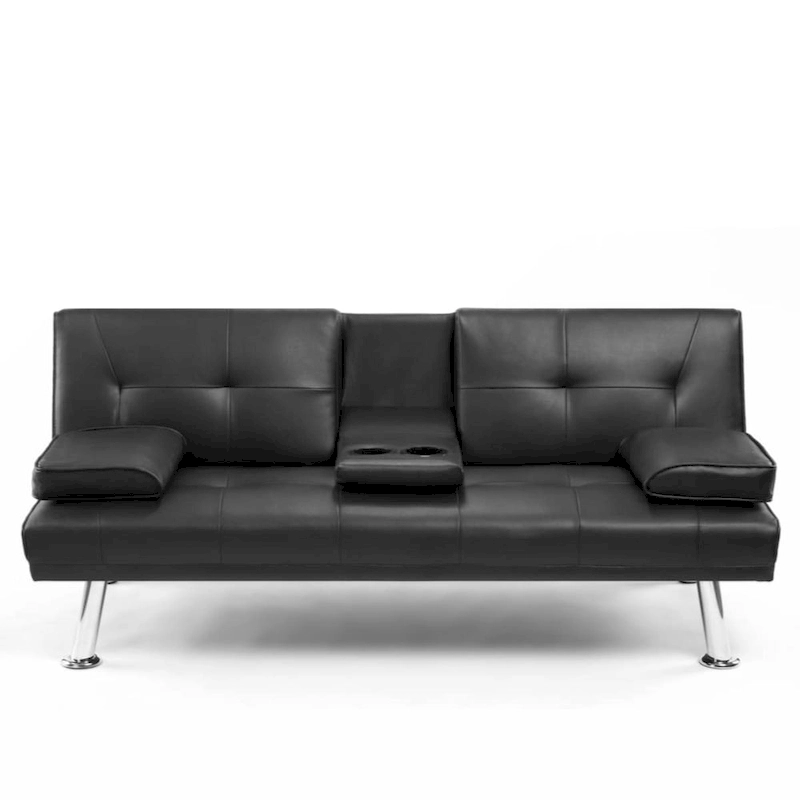 PU Upholstered Modern Convertible Folding Futon Sofa Bed Removable Armrests, Metal Legs, with 2 Cupholders