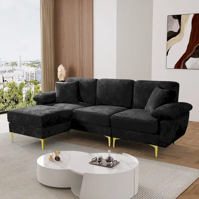 Ouyessir 2-Pieces Upholstered Velvet Sectional Sofa with 2 Pillows & Ottoman
