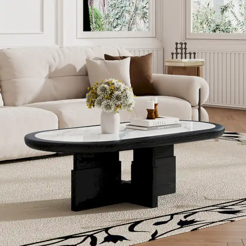 Black & White Oval Coffee Table - Wood Veneer with Sintered Stone Top (47