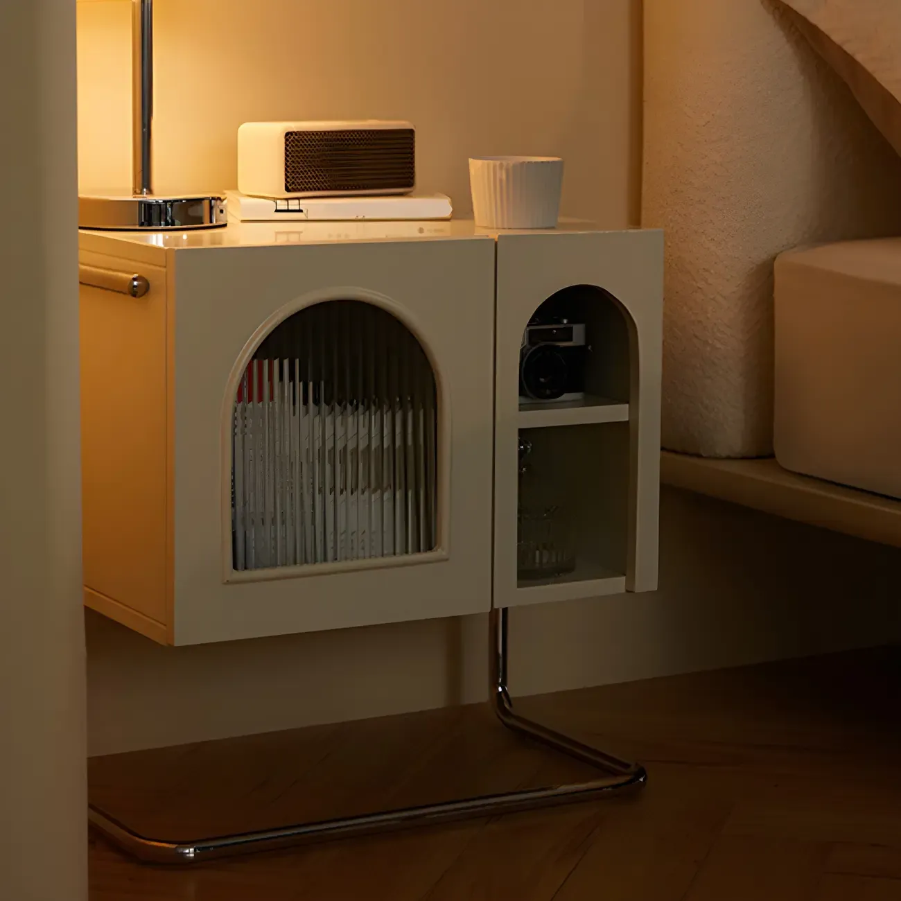 Narrow Cubic Wooden Black Nightstand in Steel Base