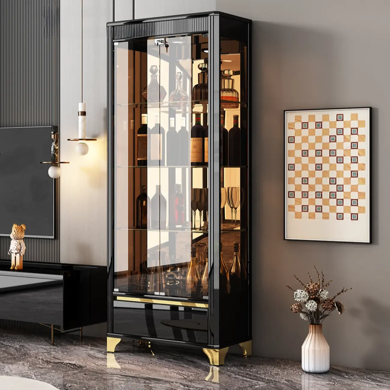 Elegant Black Clear Glass Display Cabinet with Drawers