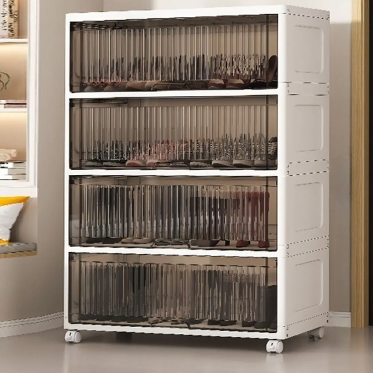 Hallway White Plastic Drop-Front Shoe Cabinet with Casters