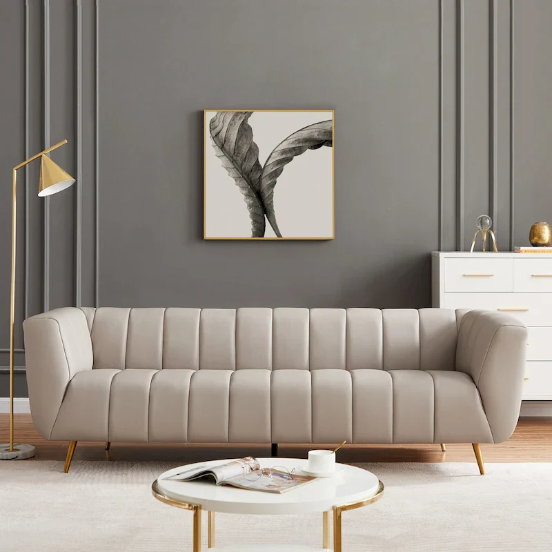Mid-Century Modern Sofa - Light Grey Top Grain Leather, Tufted, Gold Metal Legs, High-Density Foam