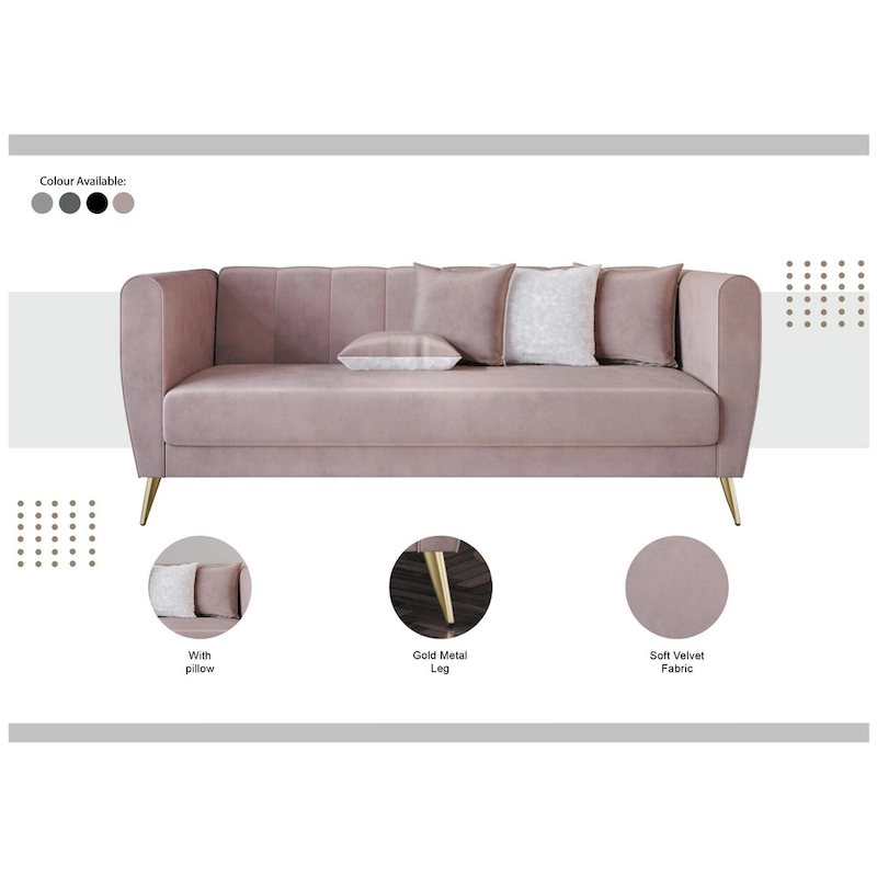 Scarlett Velvet Flared Arm 3-Seater Sofa with 4 Throw Pillow