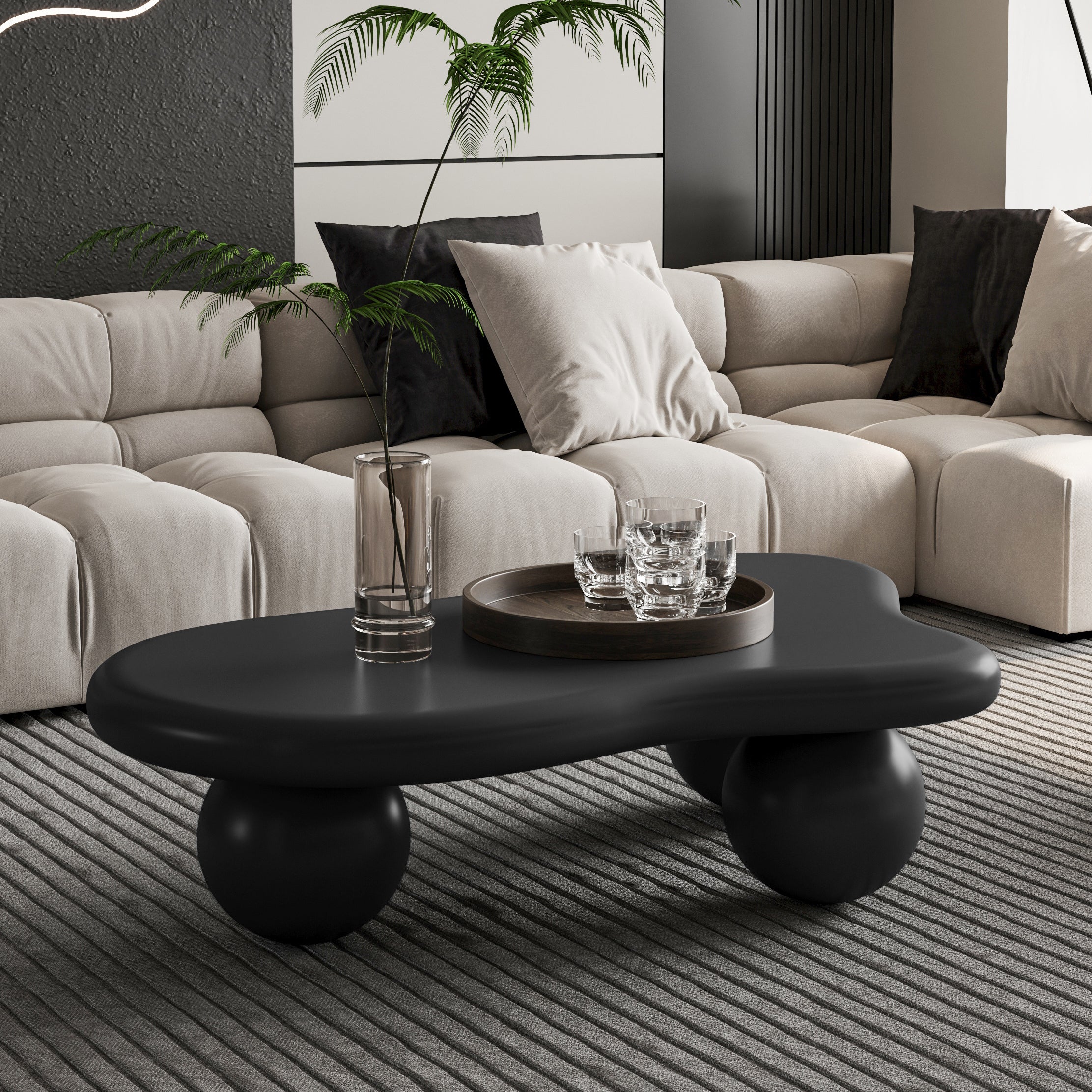 40 Inch Cloud Shaped Coffee Table with 3 Ball Legs for Living Room, Black