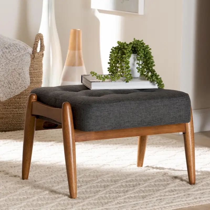 Jeanine Japandi Dark Grey Fabric and Walnut Brown Finished Wood Ottoman Footstool