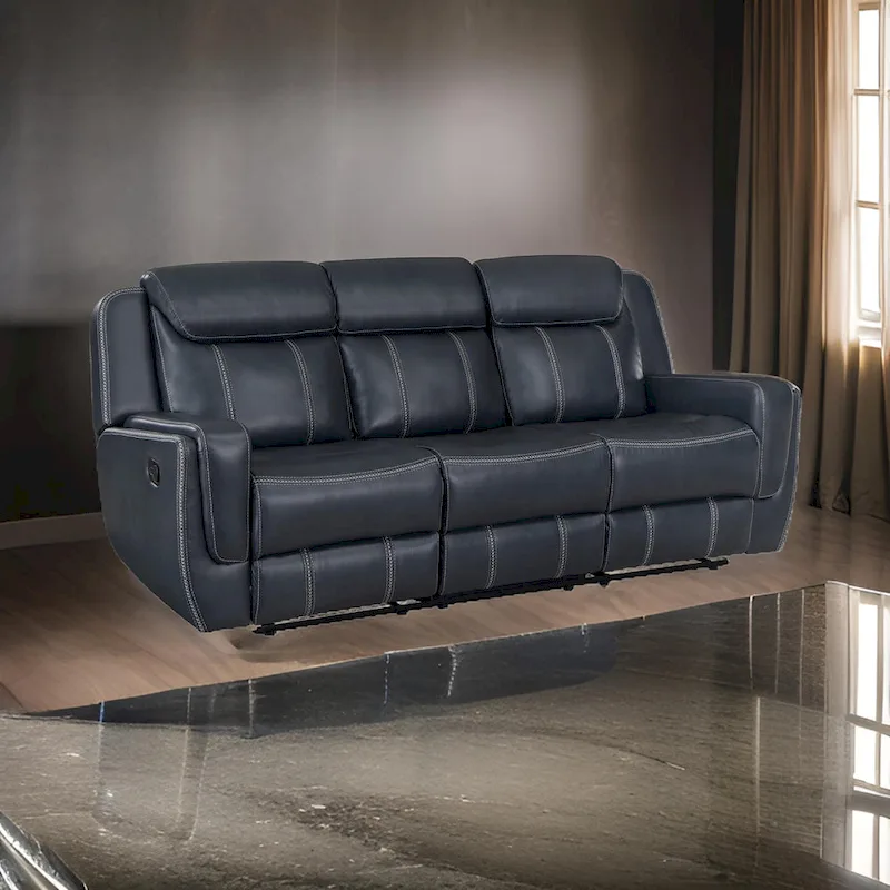 Louise 86 Inch Dual Manual Recliner Blue Faux Leather Sofa, Drop Down Table