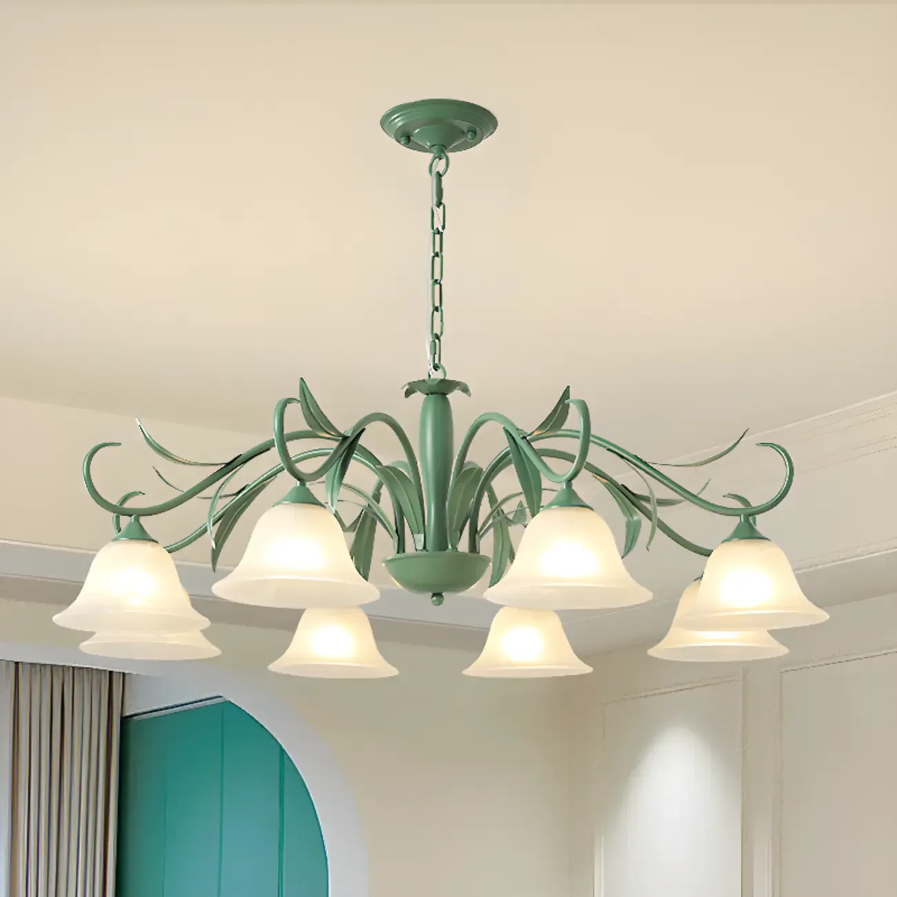 Elegant Bell Glass Shade Nordic Green Metal Chandelier