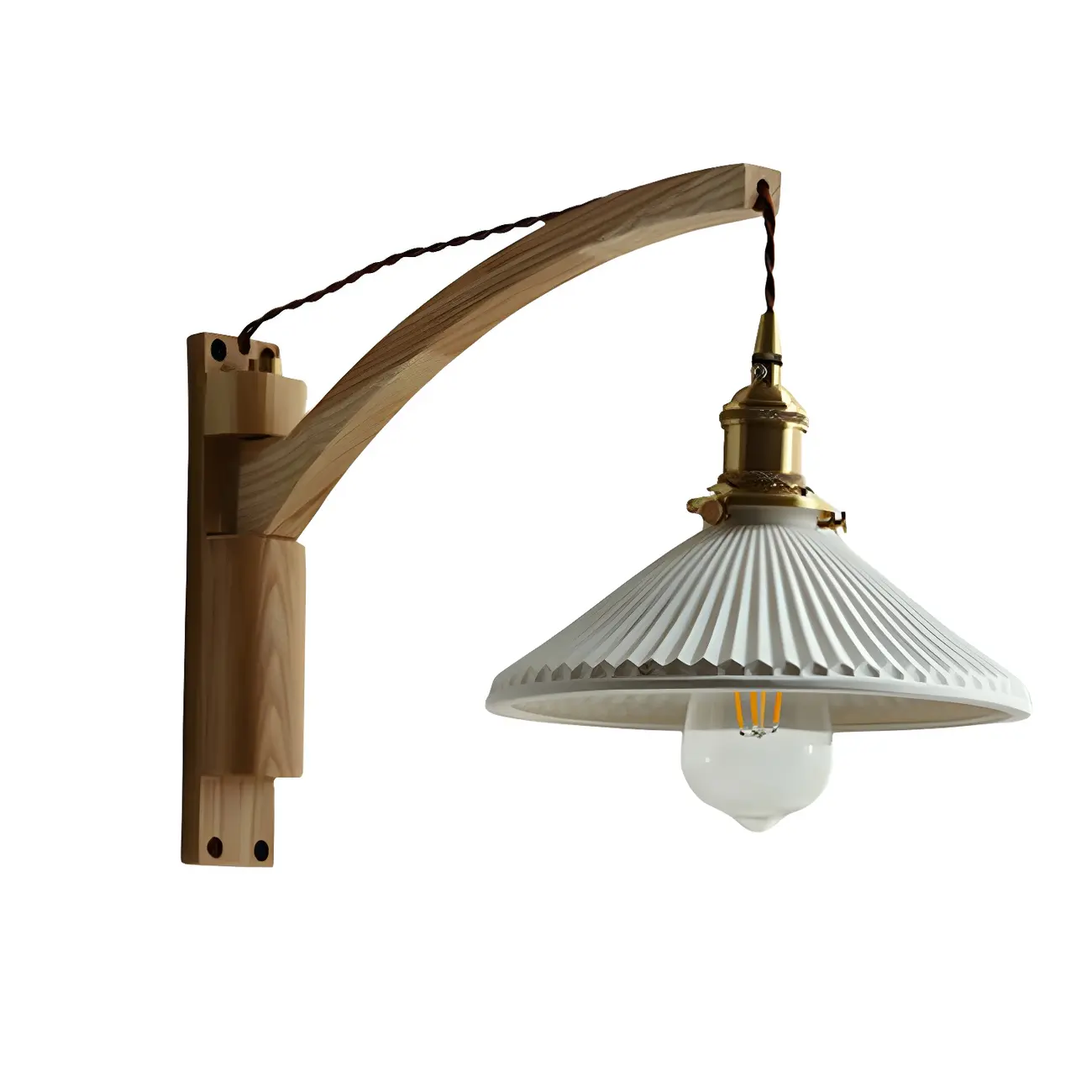 Rustic Wood Brass White Adjustable Swing Arm Wall Light