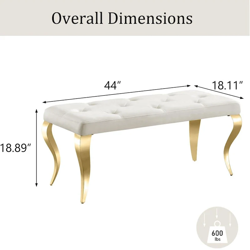 Luxury Velvet Bench Button Tufted Upholstered Dining Bench with Polished Metal Legs