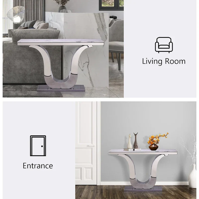 50 inch Luxury Console Table Rectangle Living Room White Sofa Entryway Table with Stainless Steel U Base