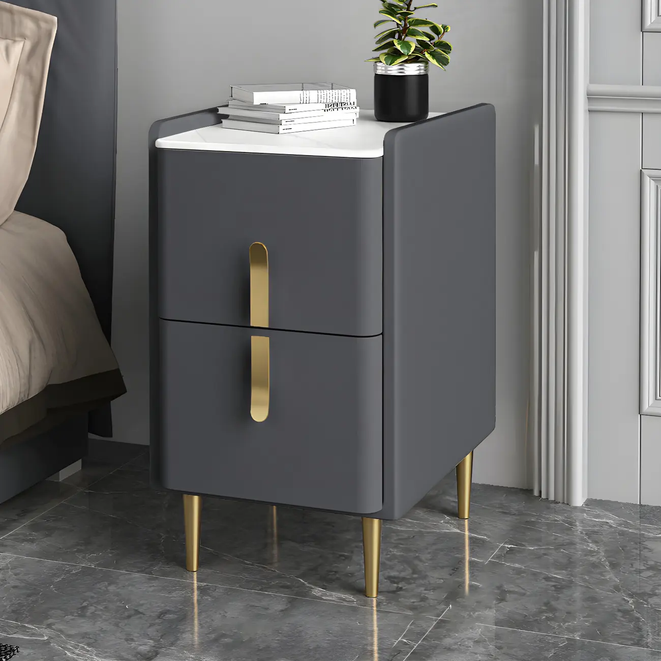 Glam Night Table with 2 Drawers – Off-White Finish