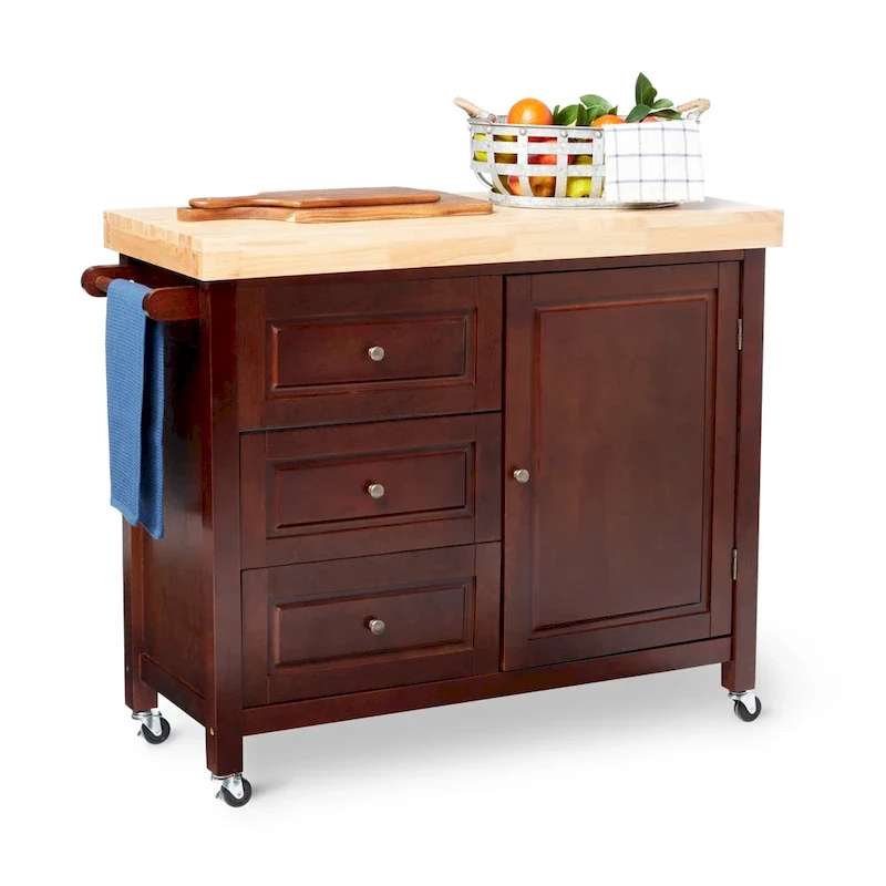 Macaulay Natural Rubberwood Rolling Kitchen Island Cart