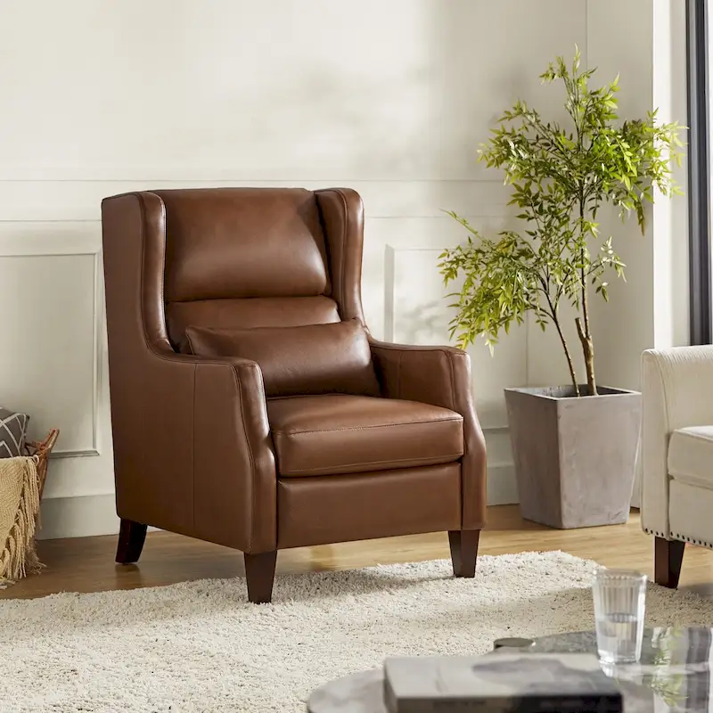 Genuine Leather Wingback Armchair with Lumbar Pillow