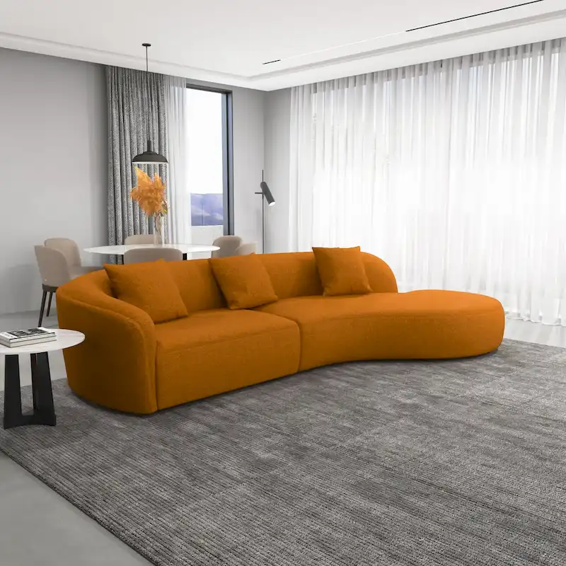 Japandi Curved Sofa with French Boucle Upholstery – Beige / Burnt Orange, Seats 2–3