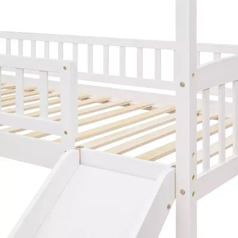 Twin House Loft Bed with Slide, Wood Playhouse Loft Bed Frame with Ladder and Roof