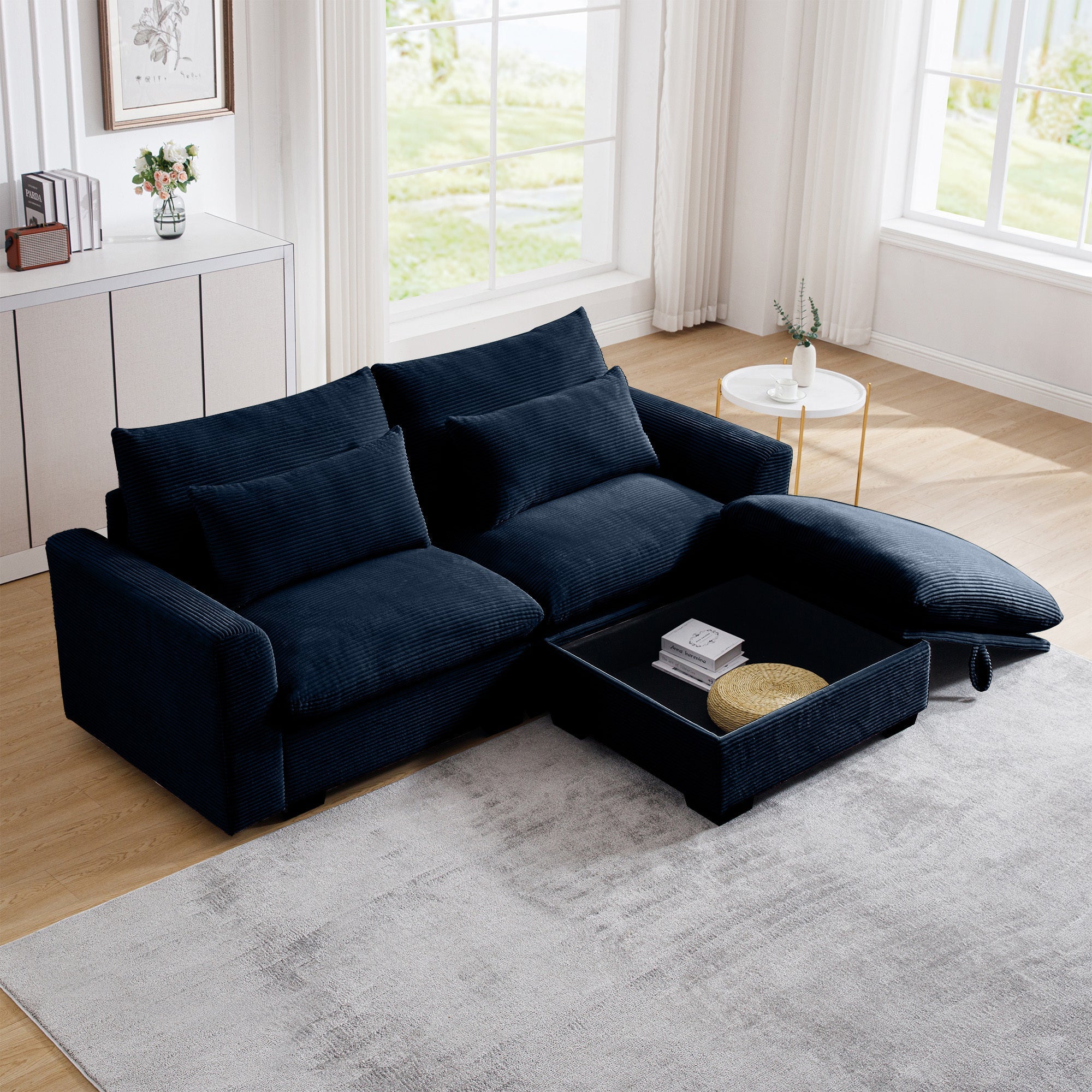 Modern Corduroy Loveseat Sectional Sofa with Storage Ottoman