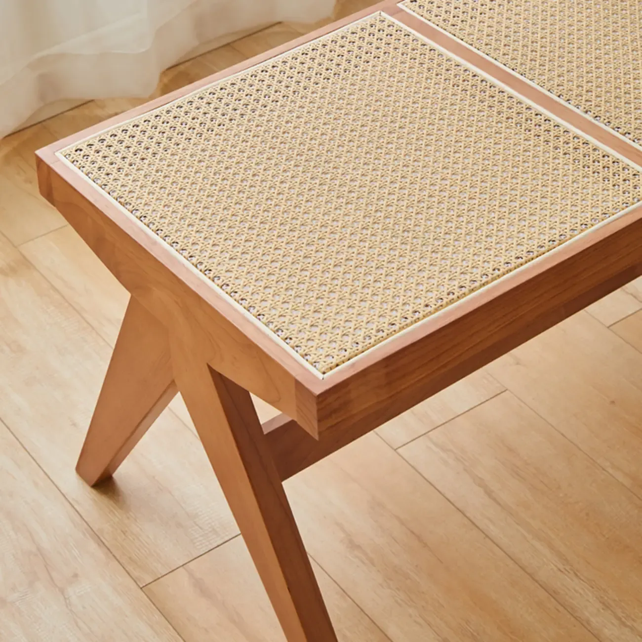 Elegant Rattan Top Finish Wooden Rectangular Cherry Benches