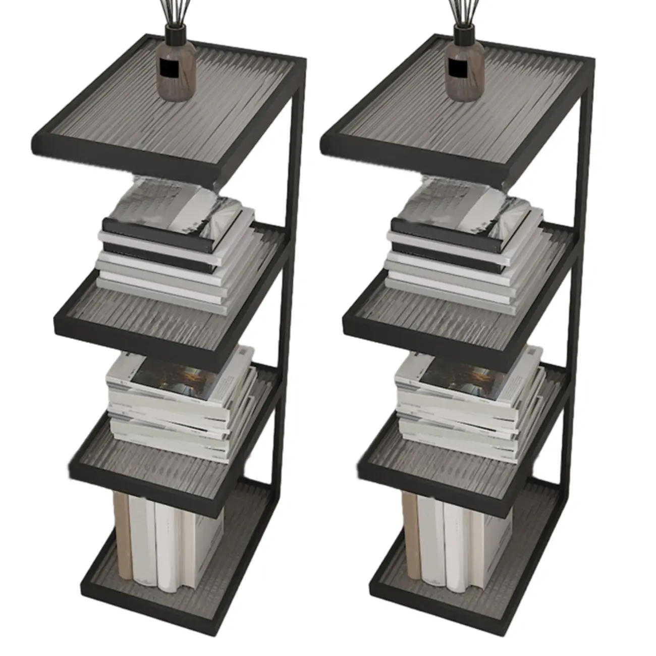 Extra Tall Simple Glass Top and Steel 3 Shelves Nightstand