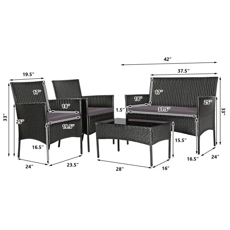 4 Pieces Patio Rattan Cushioned Sofa Set with Tempered Glass Coffee Table - 24 x 23.5 x 33 (L x W x H)