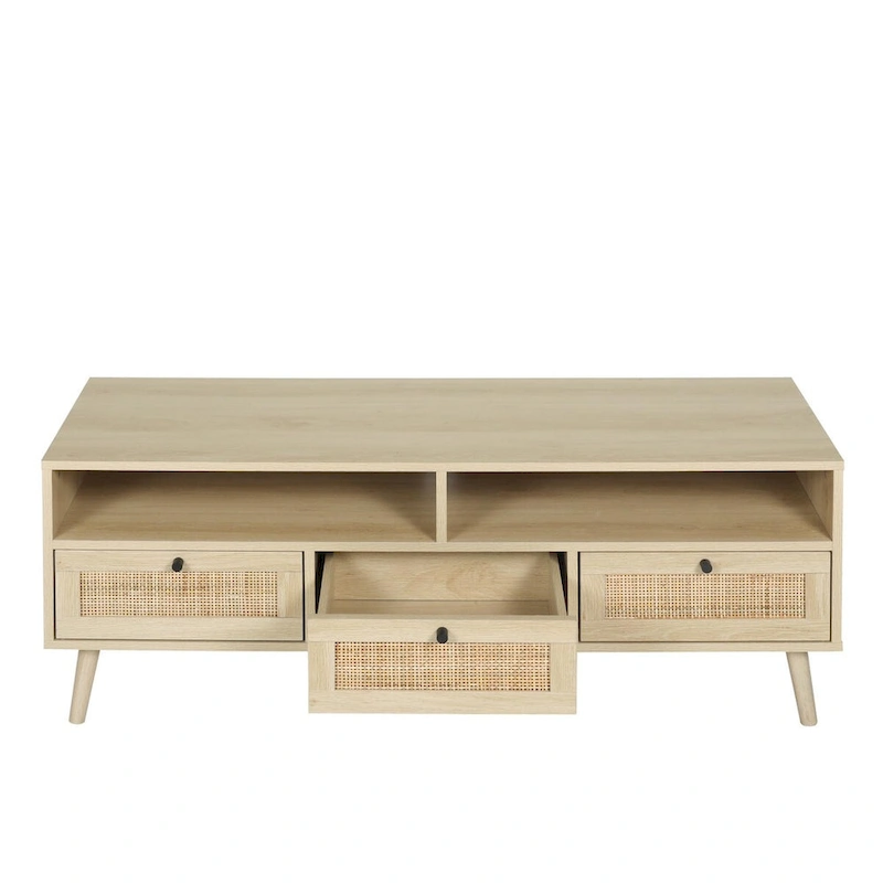 Modern Rattan TV Stand with Solid Wood Feet