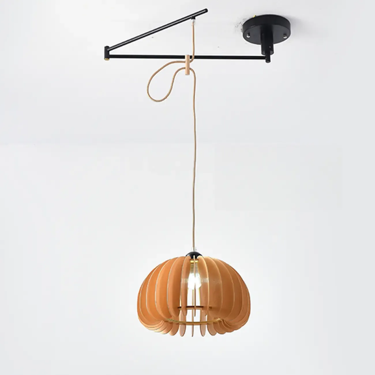 Modern Flexible Round Pendant Light in Solid Wood and Metal