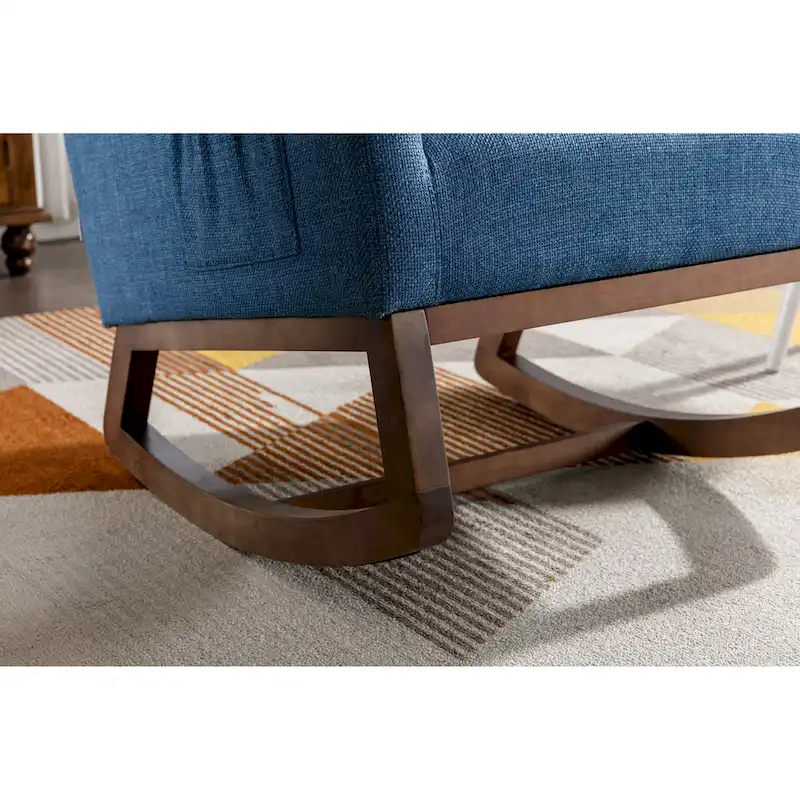Blue 27 Upholstered Rocking Chair with Wood Legs and Convenient Side Pocket