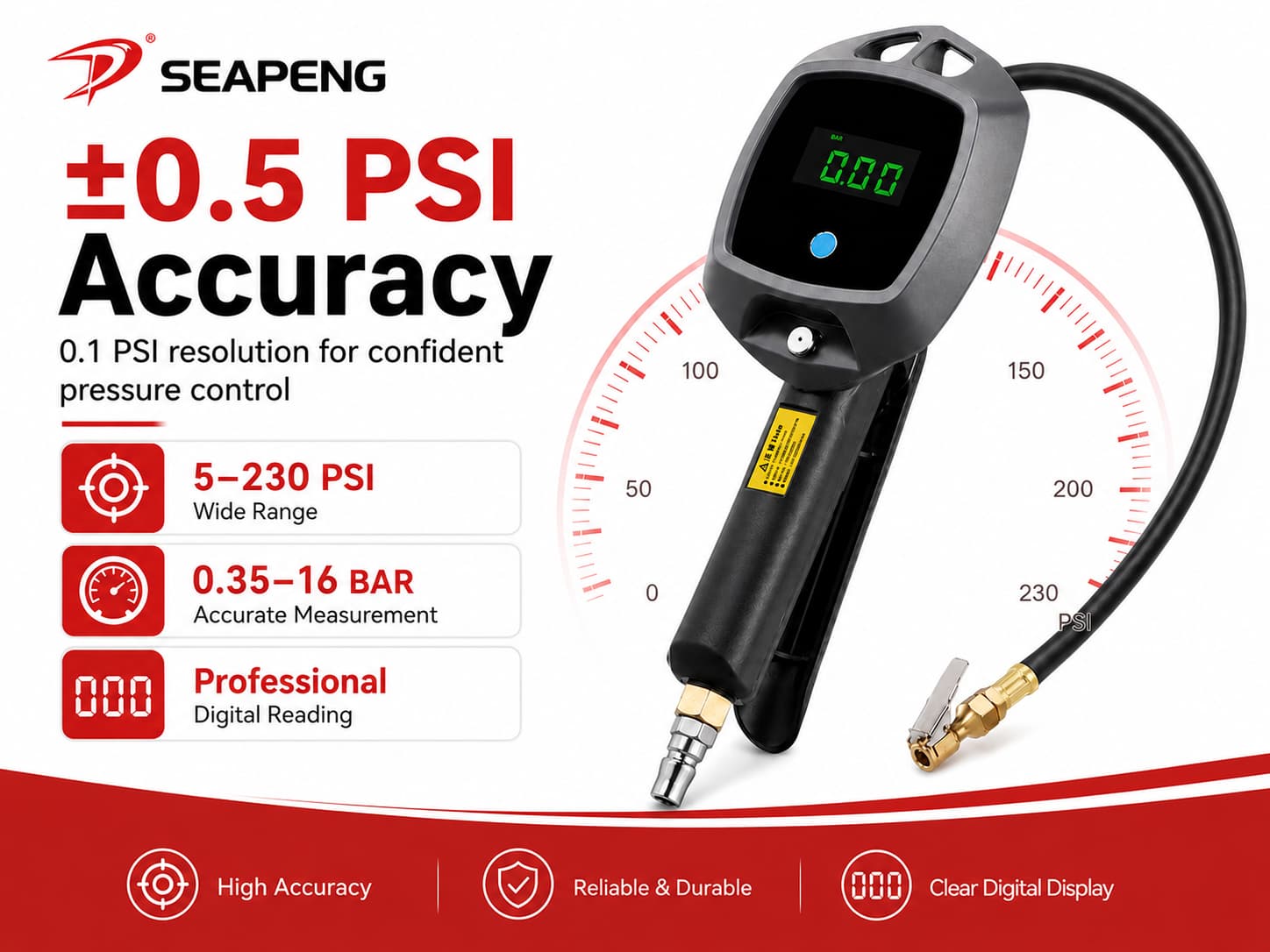 SEAPENG BW-E02 digital tire inflator gauge with LCD display
