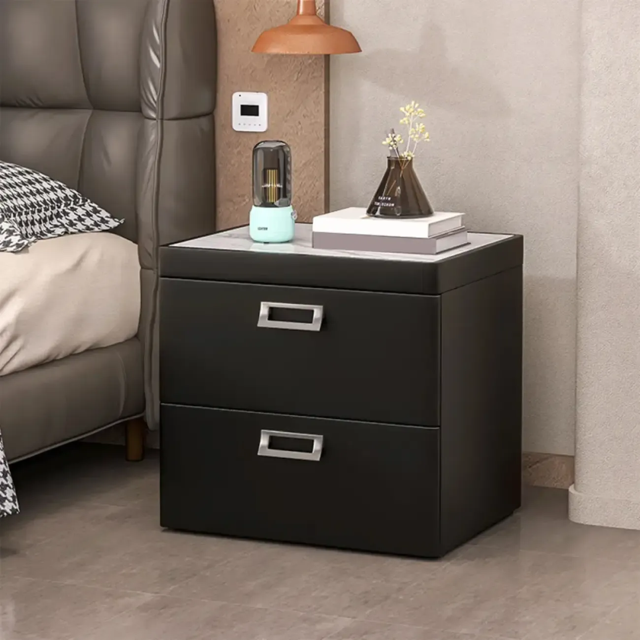 Modern Faux Leather 2 Drawers Nightstand with Stone Top