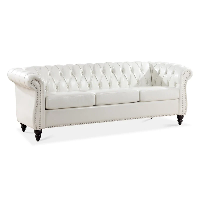 White 84.65 Chesterfield PU Leather 3-Seater Sofa with Button Tufted Backrest