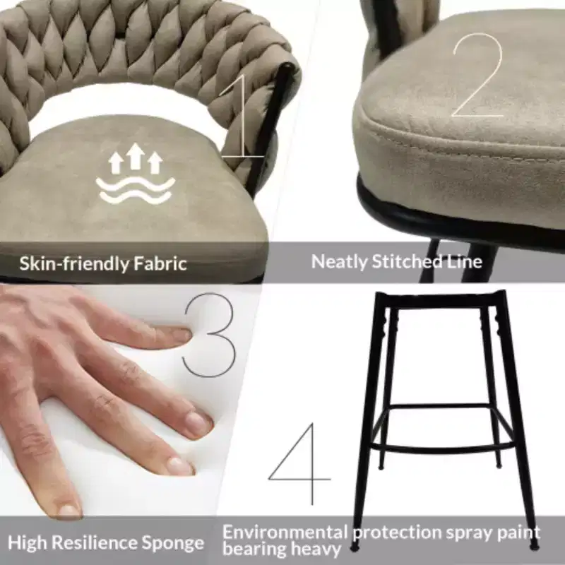 Back and Footrest Included, 2 Linen Woven Swivel Bar Stools Set, Non-Adjustable Kitchen Chairs