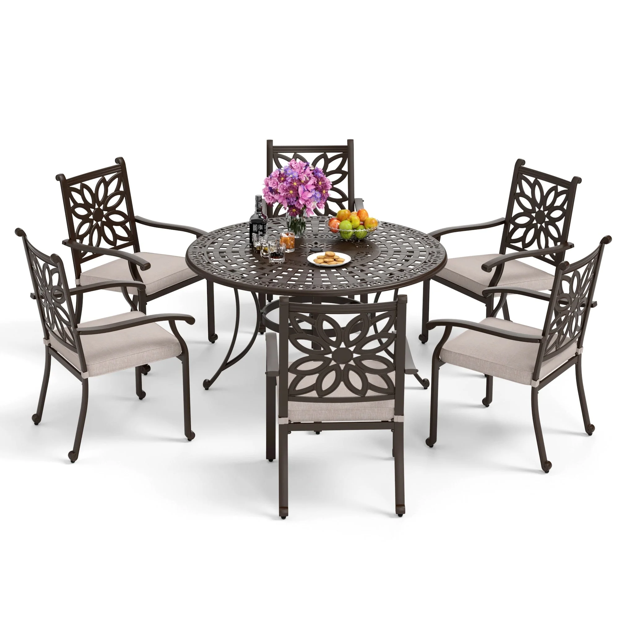 MAISON ARTS Cast Aluminum Dining Chairs/Patio Dining Set with Round Dining Table & 6 Cast Aluminum Patio Chairs