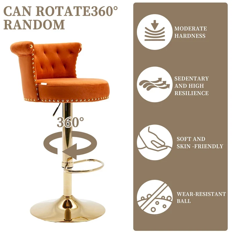 Velvet Upholstered Tufted Nailheads Swivel Adjustable Height Bar Stools With Golden Footrest(set of 2)