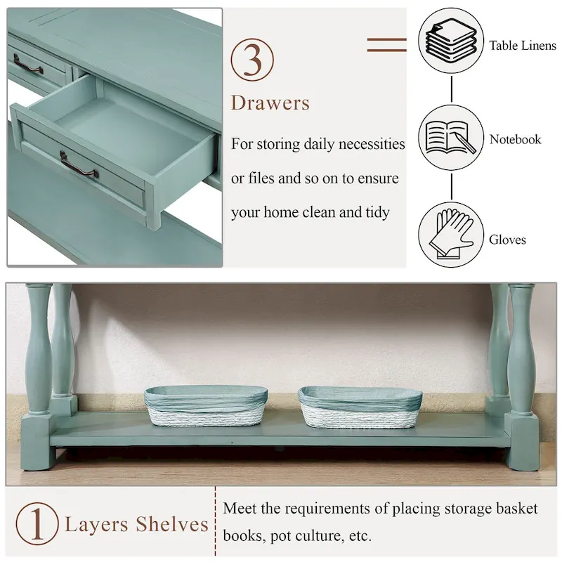 63inch Long Wood Console Table with 3 Drawers
