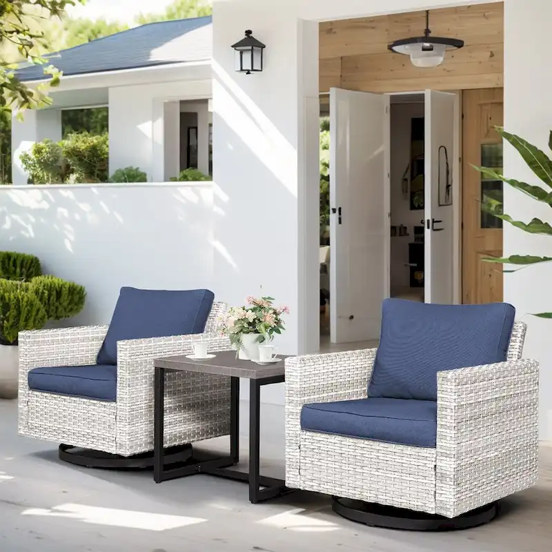 PE Rattan Rocking Chair, Side Table with Glass Tabletop - Light Grey