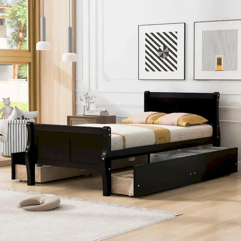 Twin Size Wood Platform Bed with 4 Drawers and Streamlined Headboard