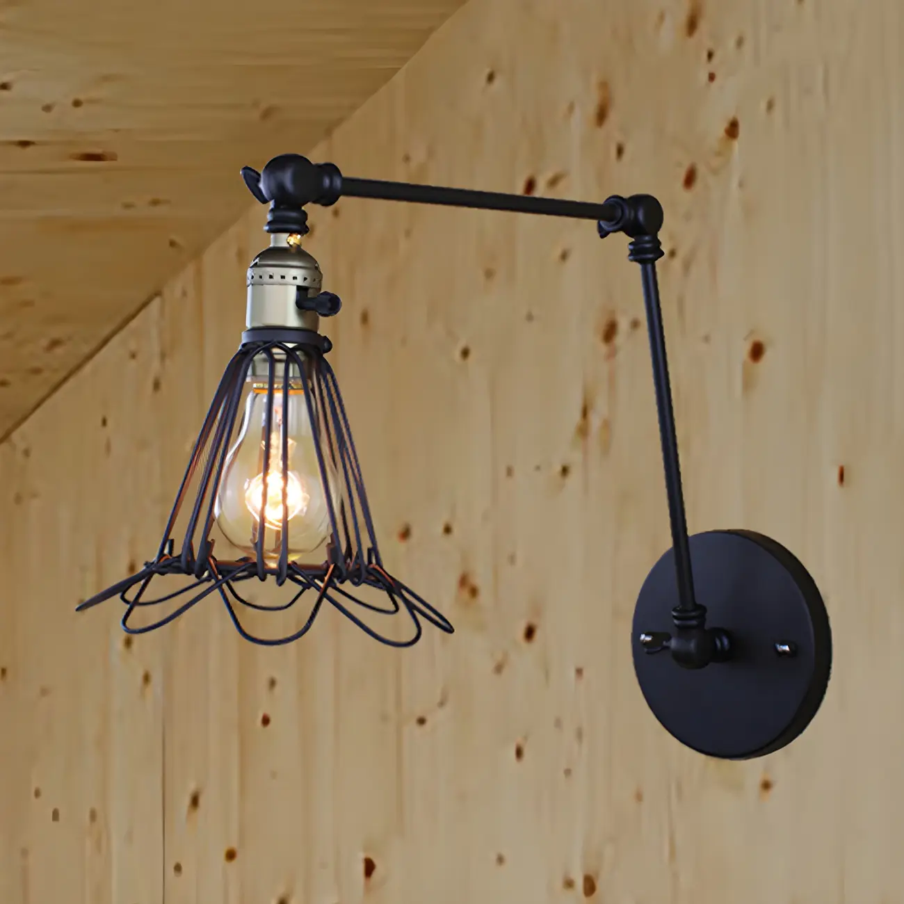 Industrial Black Wire Cage Swing Arm Wall Light