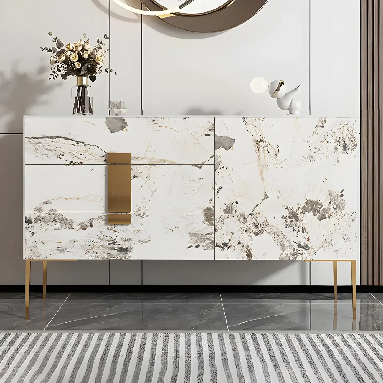 Artistic White Stone Top Buffet Table with Drawers