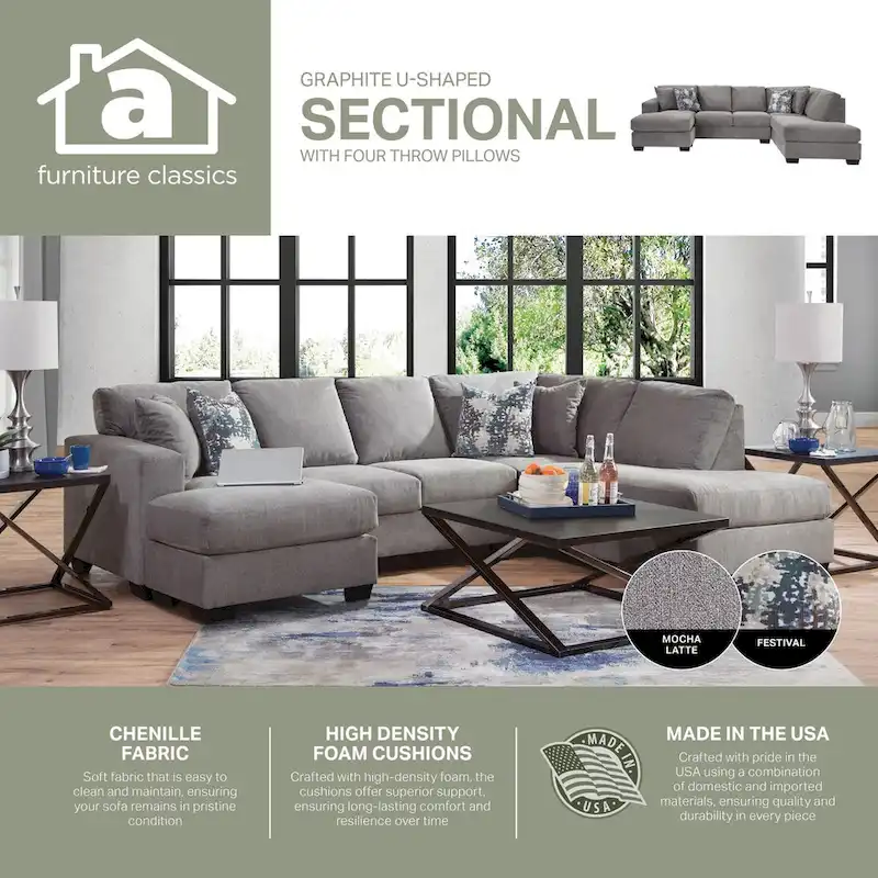 American Furniture Classics Graphite Model A414V6-K2 U Shaped Sectional with 4 Throw Pillows