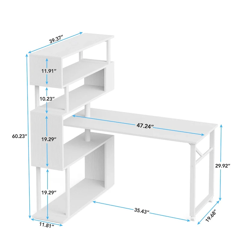 L-Shaped Rotating Computer Desk with 5 Shelves Bookshelf