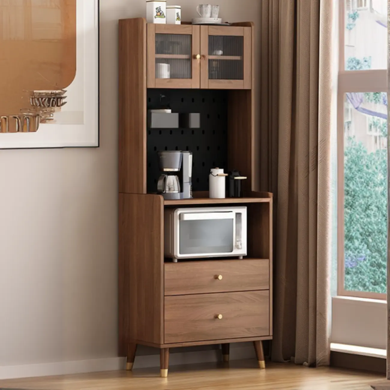 Compact Wooden Brown 2-Drawer Tall Sideboard with Hutch