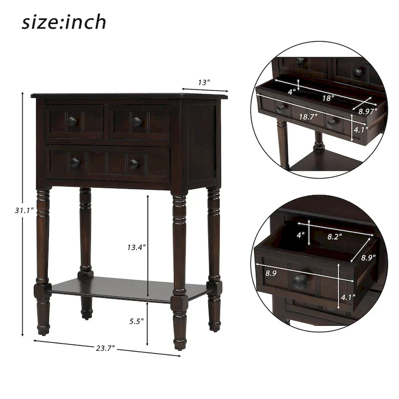 Narrow Slim Esspreso Console Table/Sofa Table with 3 Drawers and 1 Bottom Shelf - 23.7L x 13W x 31.1H
