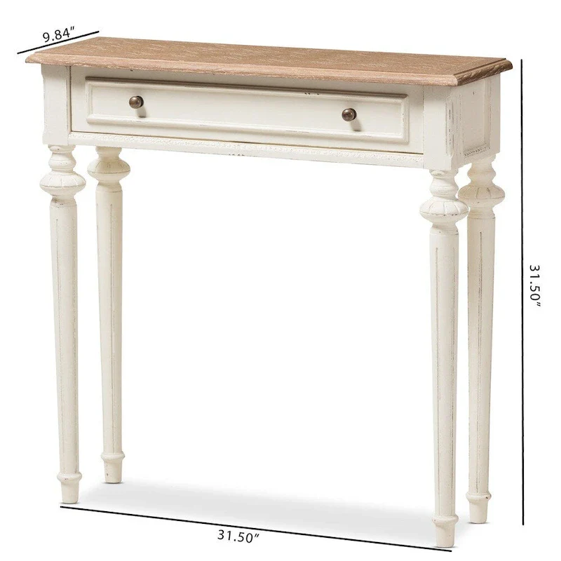 French Provincial Style Console Table in Weathered Oak and White Wash Distressed Wood Finish