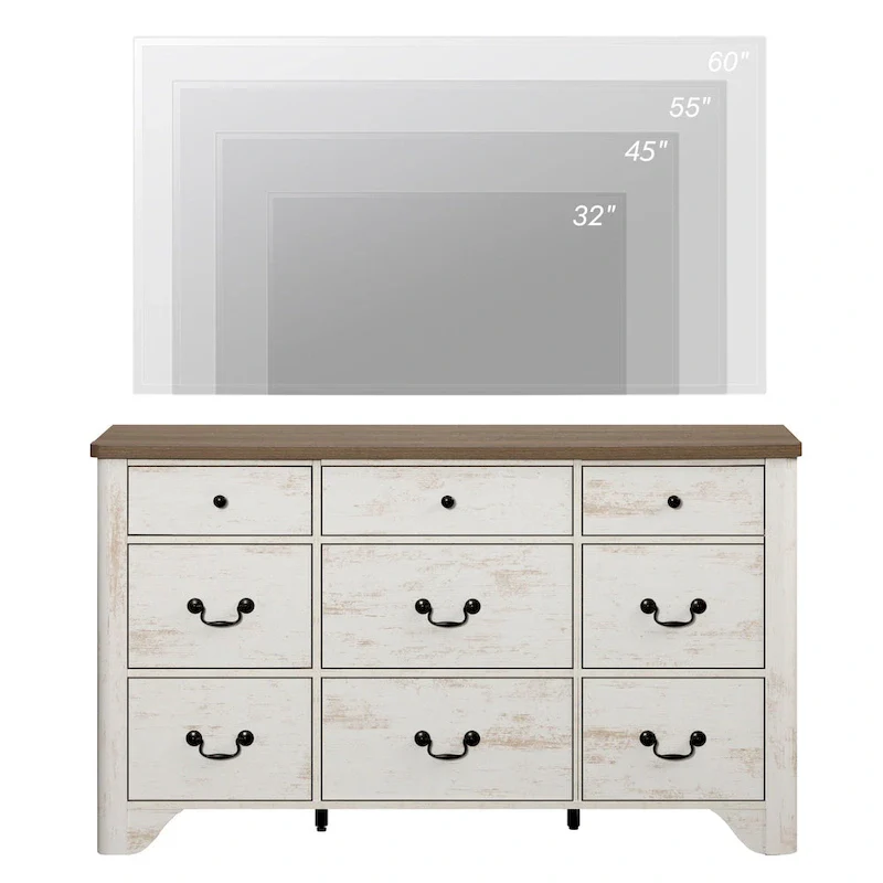 53.5 Wide Farmhouse White Dresser TV Stand with Curved Edge Design and Wide Chests of Drawers