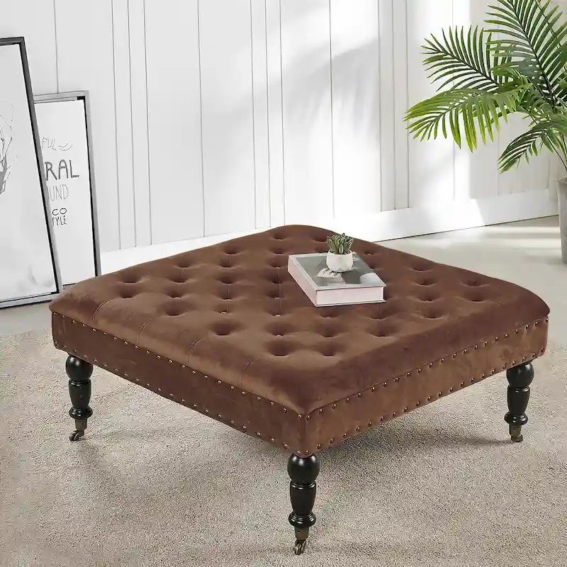 Button-Tufted Round Ottoman – 33 x 33 x 18 Inch