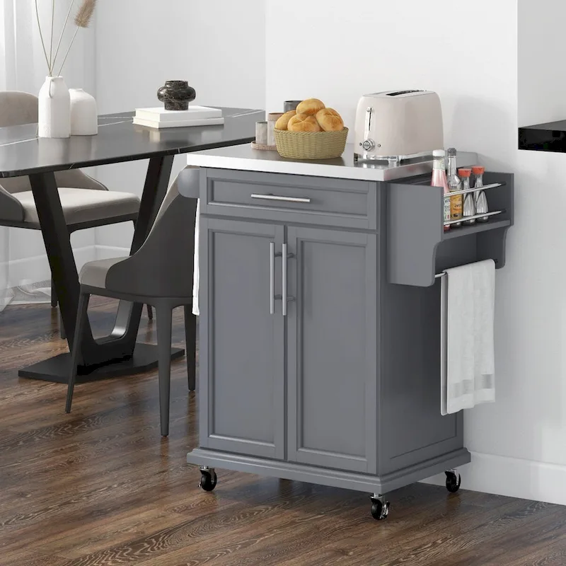Rolling Kitchen Island on Wheels with Stainless Steel Countertop