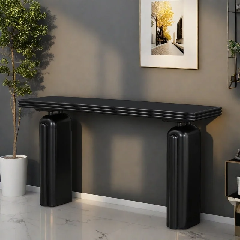 60 Acacia Wood Curved Veneer Console Table - Minimalist Design with Solid Wood Legs
