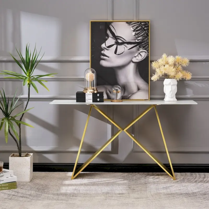 White Tempered Glass Sofa Console Table with Mirrored M Shape Base