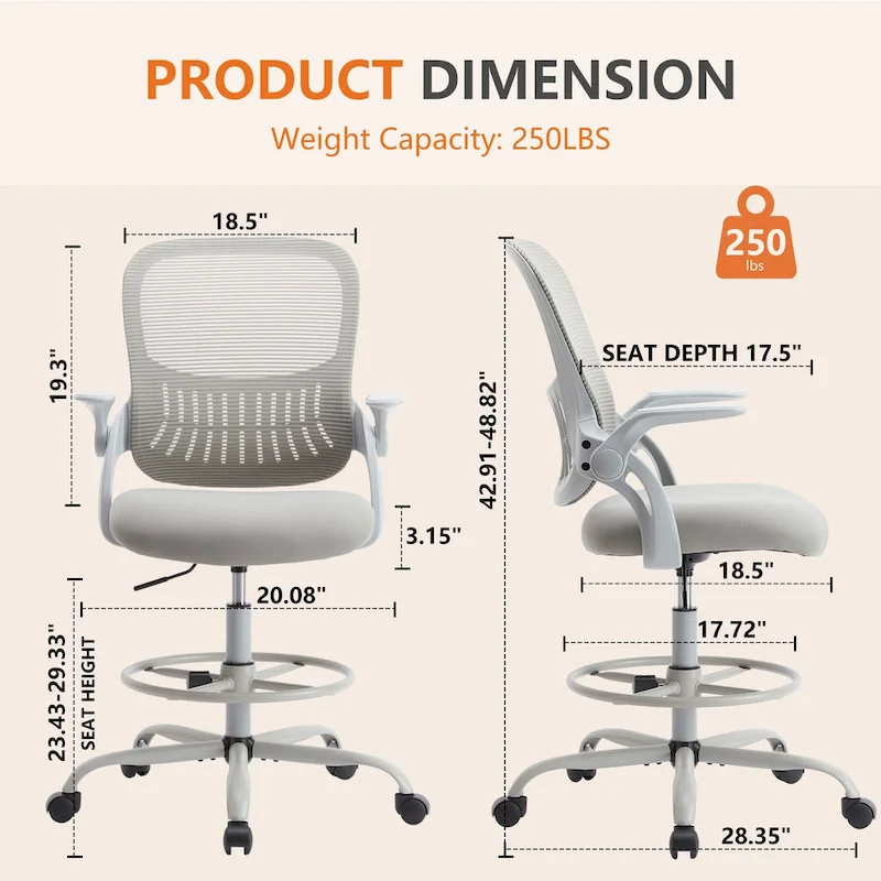 Drafting Tall Office Ergonomic High Desk Chair with Flip-up Armrests