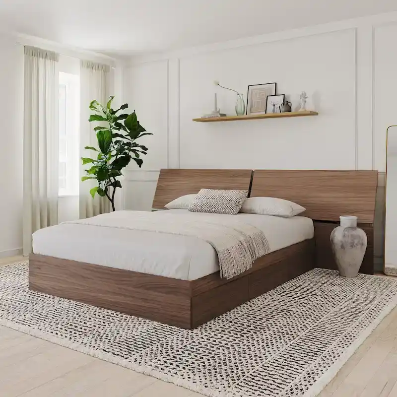 Nexera Storage Bed with Headboard, Walnut